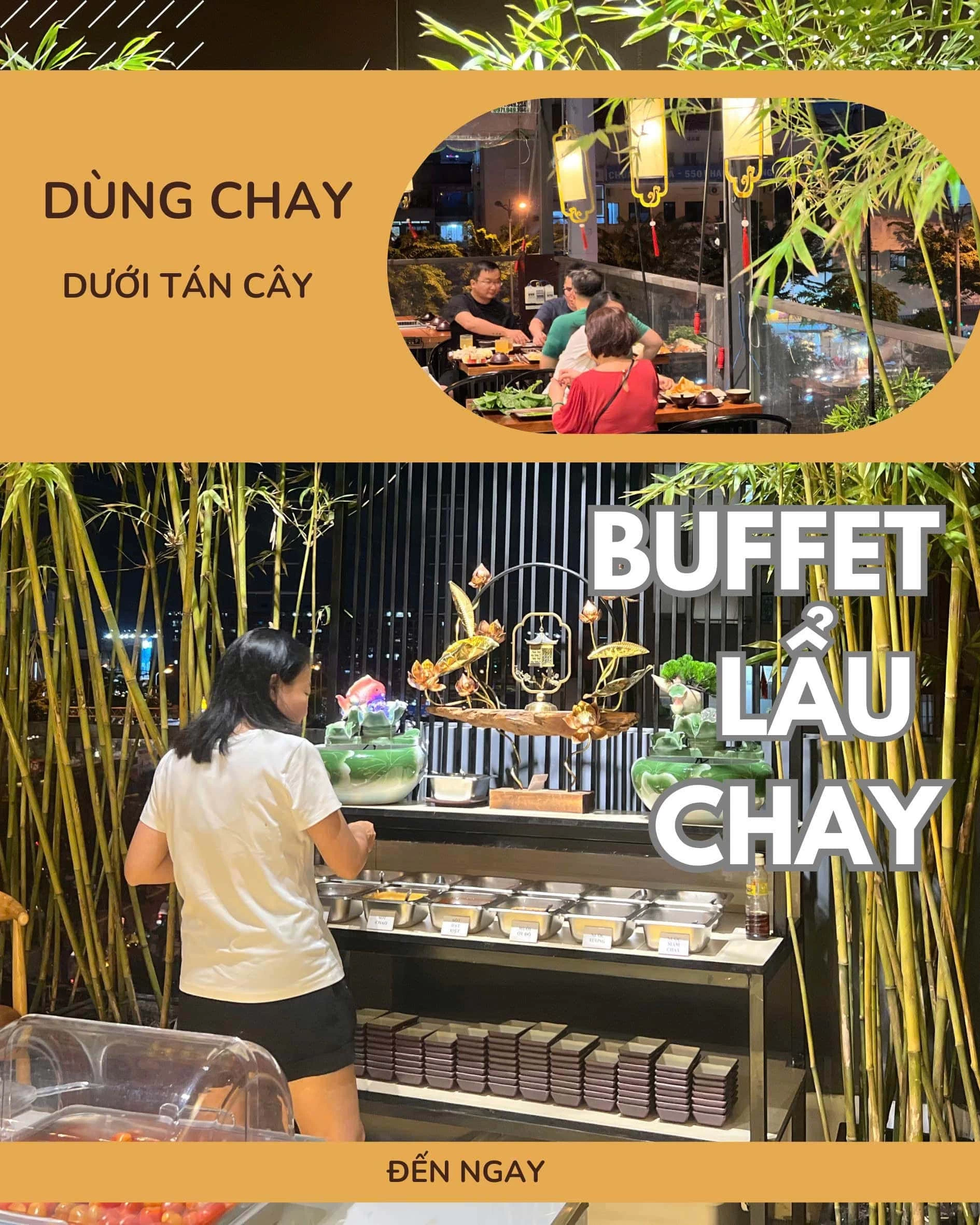 Thực khách sẽ được thưởng thức buffet lẩu chay dưới tán cây ngay trên khu vực tầng thượng