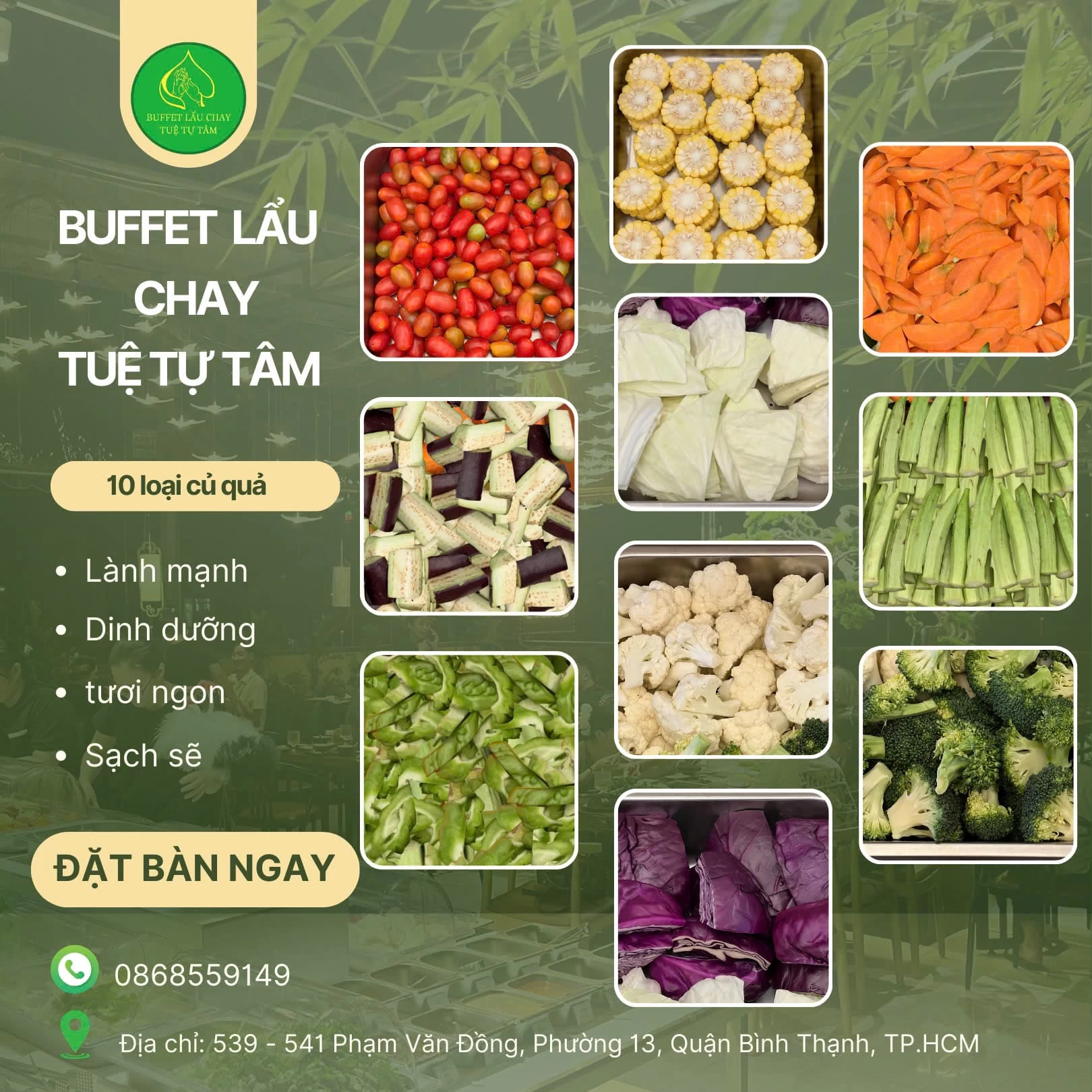 Một số loại rau củ quả được cung cấp tại quán buffet thuần chay tự nhiên Tuệ Tự Tâm