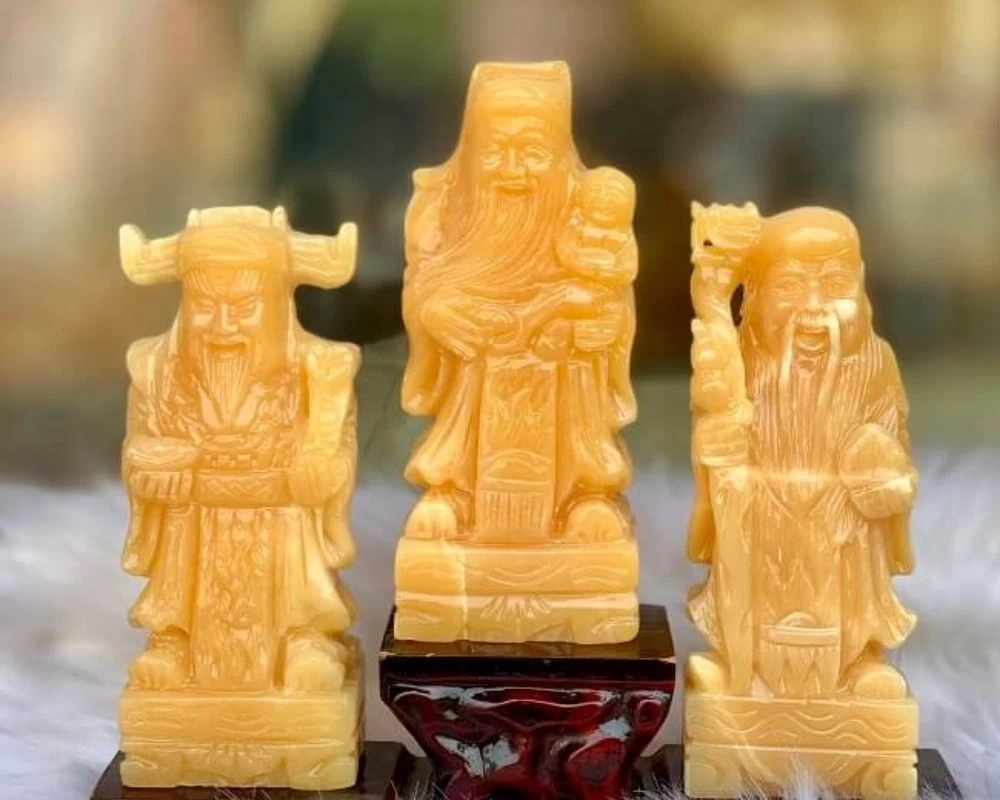 Mẫu tượng Phúc Lộc Thọ làm bằng đá thạch anh vàng
