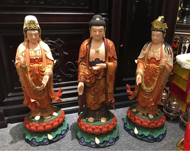 Tây Phương Tam Thánh đứng gấm đỏ 26in