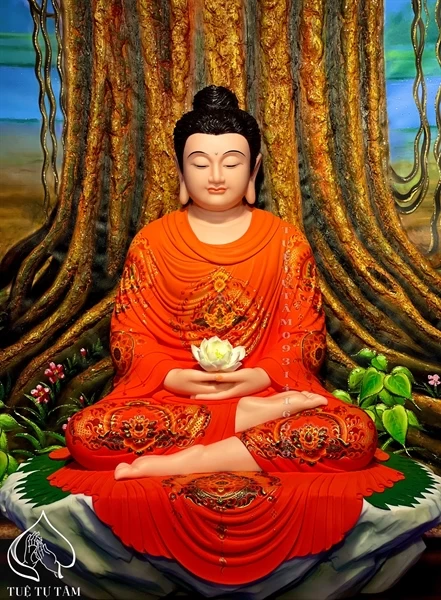 Tượng Phật Thích Ca bột đá tịnh toạ phủ y vẽ gấm cam