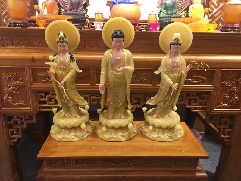 Tượng Tây Phương Tam Thánh thạch anh vàng viền kim đứng