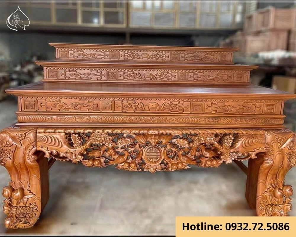 Mẫu bàn thờ 3 tầng chạm mai điểu