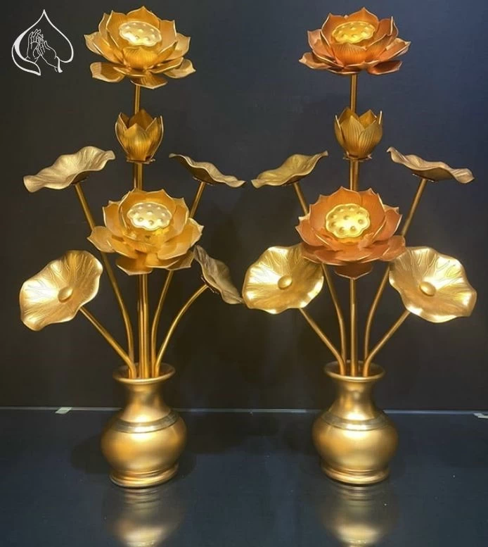 Đèn thờ hoa sen 5 bông bằng đồng