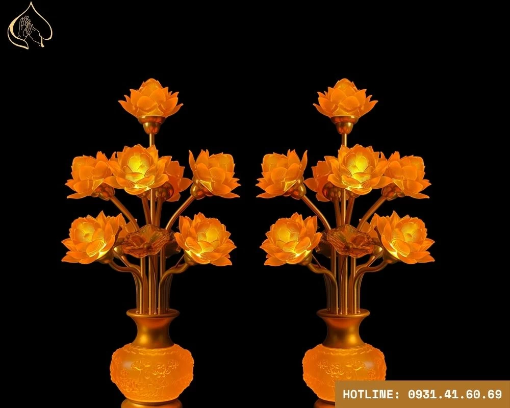 Đèn thờ hoa sen 9 bông màu cam