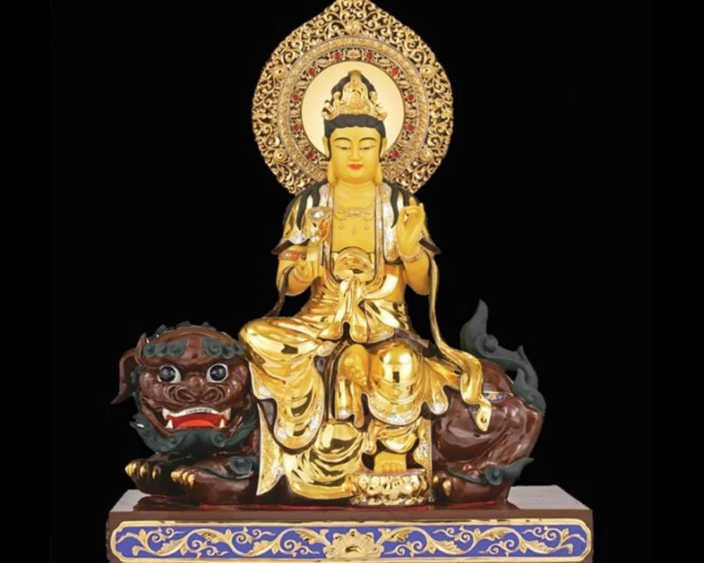 Mẫu tượng Văn Thù Bồ Tát cưỡi sư tử xanh