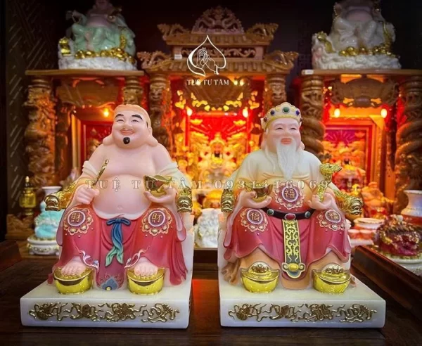 Tượng Ông Địa Thần Tài đá màu gấm có chiều cao là 25cm